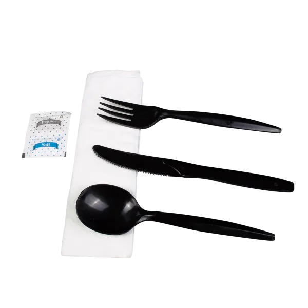 [250 sets] PP Plastic Medium-Heavy Weight Cutlery Kits with Salt and Pepper, Black