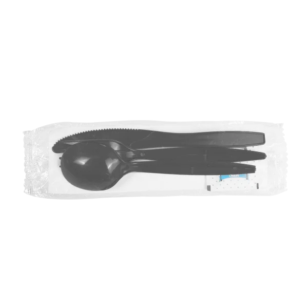 [250 sets] PP Plastic Medium-Heavy Weight Cutlery Kits with Salt and Pepper, Black
