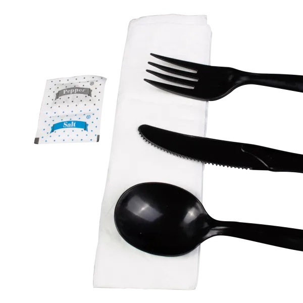 [250 sets] PP Plastic Medium-Heavy Weight Cutlery Kits with Salt and Pepper, Black