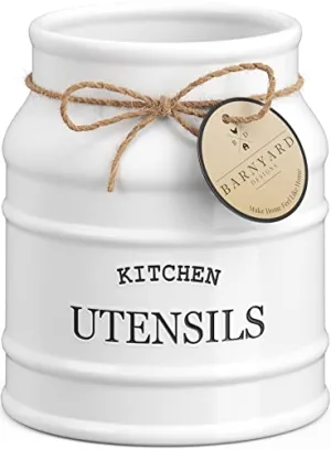 Barnyard Designs Ceramic Farmhouse Kitchen Utensil Holder for Countertop, Decorative Kitchen Utensil Holder, Large Kitchen Utensil Holder for Kitchen Counter, Utensil Crock Spatula Holder, 6.75" White
