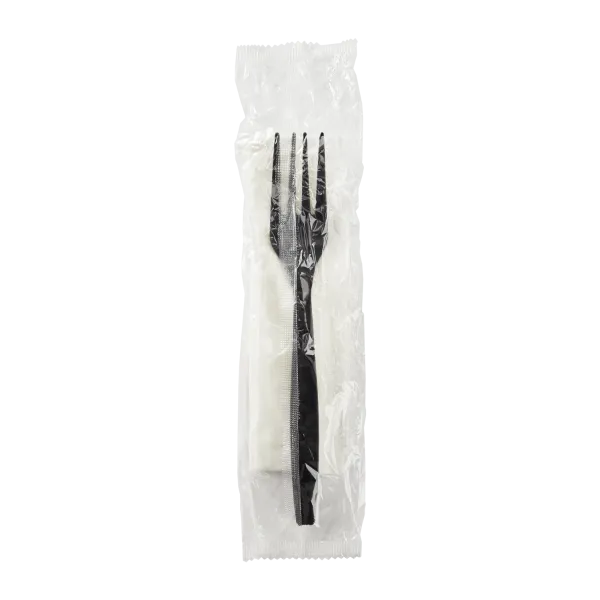 Karat PP Plastic Heavy Weight Cutlery Kits (Fork, 1-ply Napkin), Black - 500 kits