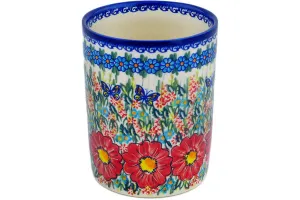 Polish Pottery 7" Utensil Jar Red Hibiscus UNIKAT