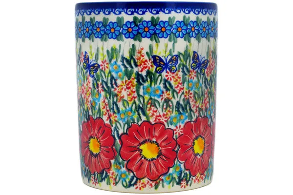 Polish Pottery 7" Utensil Jar Red Hibiscus UNIKAT