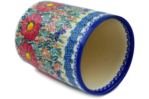 Polish Pottery 7" Utensil Jar Red Hibiscus UNIKAT