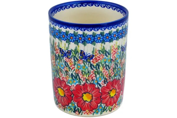 Polish Pottery 7" Utensil Jar Red Hibiscus UNIKAT