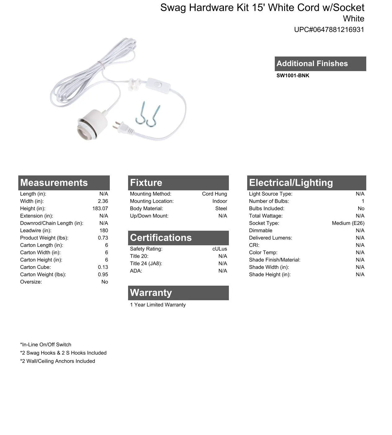 Swag Hardware Kit 15' White Cord w/Socket in White